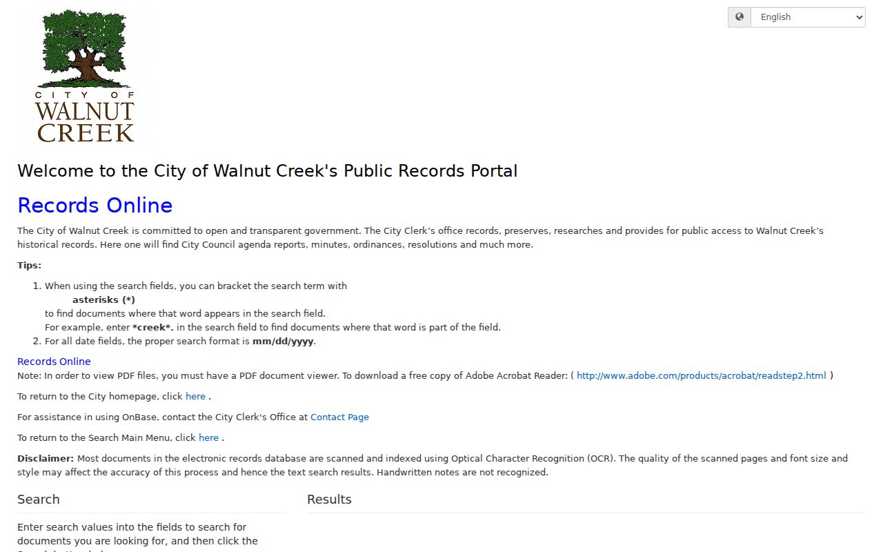 Walnut Creek people search in the city OnBase records portal