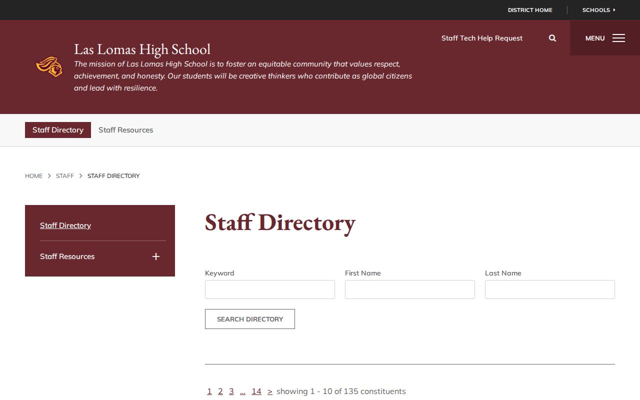 Walnut Creek people directories listing for Las Lomas High School staff