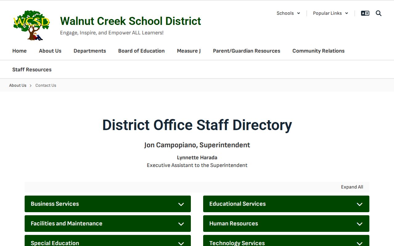 Walnut Creek people directories entry for school district office staff